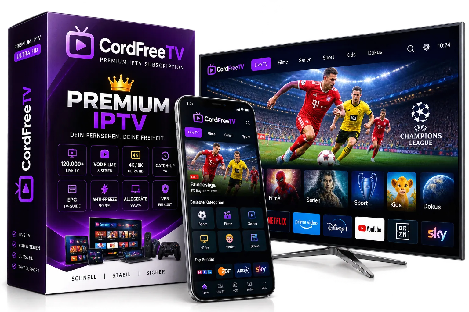 IPTV-Player Dashboard mit Kanalübersicht auf einem Smart-TV